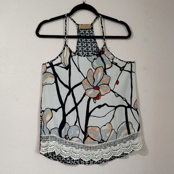 Language Tops - Anthropology Language Stain Glass Formal Print Lace Hem Spaghetti Straps Size M